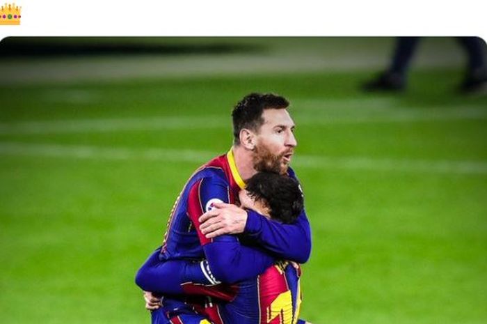 Megabintang Barcelona, Lionel Messi, merayakan gol yang dicetak ke gawang Real Betis dalam laga Liga Spanyol di Stadion Benito Villamarin, Minggu (7/2/2021).