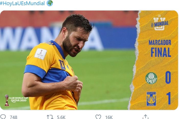 Andre-Pierre Gignac, meloloskan UANL ke final Piala Dunia Klub 2020 setelah mengalahkan Palmeiras 1-0 di semifinal, Minggu (7/2/2021).