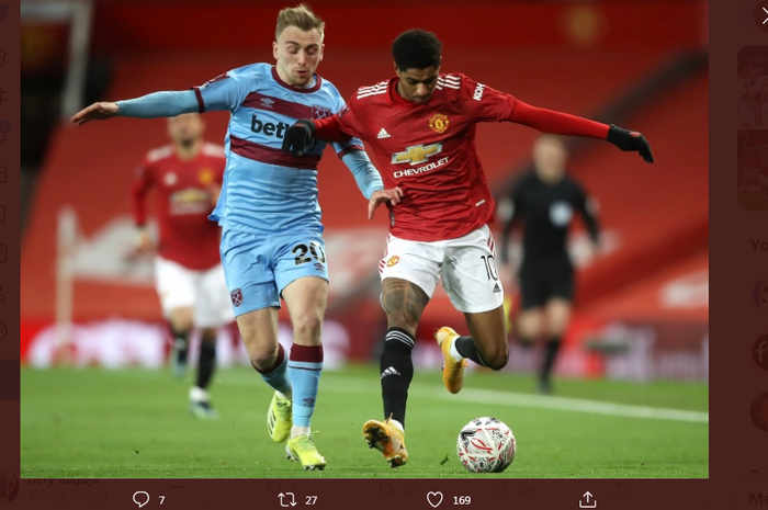 Marcus Rashford beraksi dalam partai Piala FA antara Manchester United vs West Ham di Old Trafford, 9 Februari 2021.