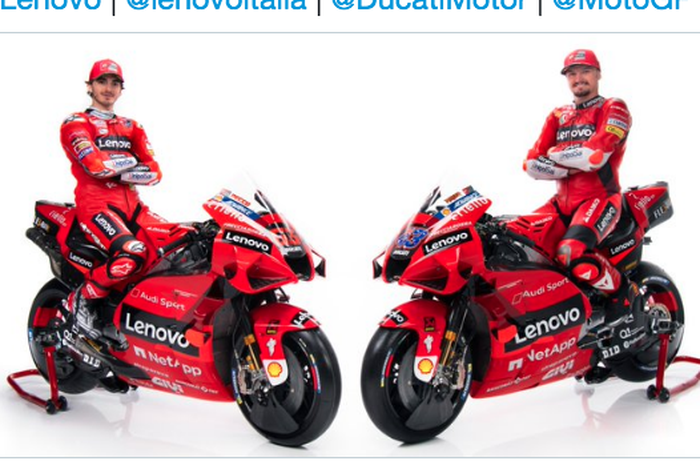 Peluncuran Tim Ducati Lenovo pada MotoGP 2021 dengan pembalapnya, Francesco Bagnaia (kiri) dan Jack Miller (kanan). 