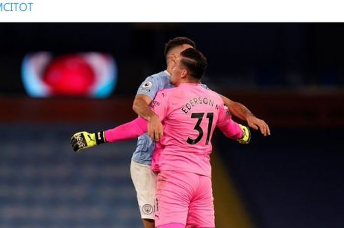 Kiper Manchester City, Ederson Moraes, mencetak assist dalam duel Liga Inggris kontra Tottenham Hotspur, 13 Februari 2021.