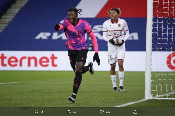 Moise Kean mencetak gol PSG ke gawang Nice dalam lanjutan Liga Prancis, 13 Februari 2021.