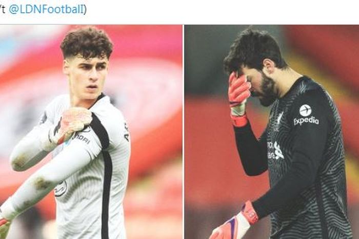 Kiper Chelsea, Kepa Arrizabalaga (kiri), dan kiper Liverpool, Alisson Becker.