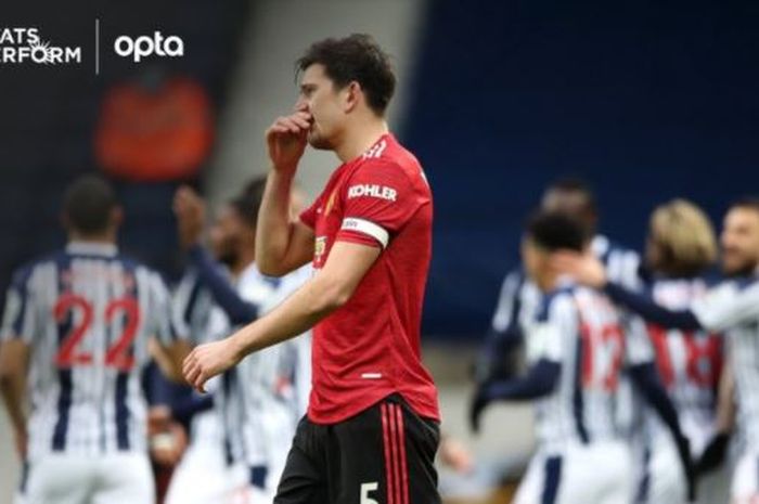 Ekspresi kapten Manchester United, Harry Maguire, dalam laga Liga Inggris kontra West Bromwich Albion di Stadion The Hawthorns, Minggu (14/2/2021).