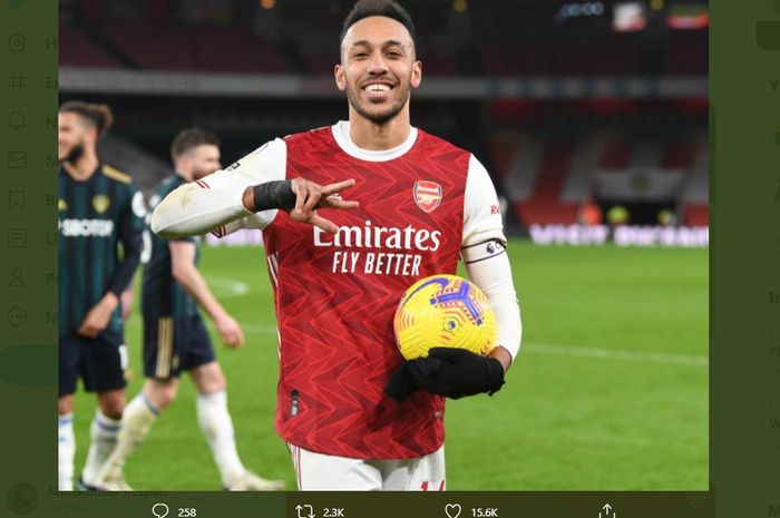 Penyerang sekaligus kapten Arsenal, Pierre-Emerick Aubameyang, menjadi pahlawan dengan hat-trick pada pertandingan melawan Leeds, Minggu (14/2/2021).