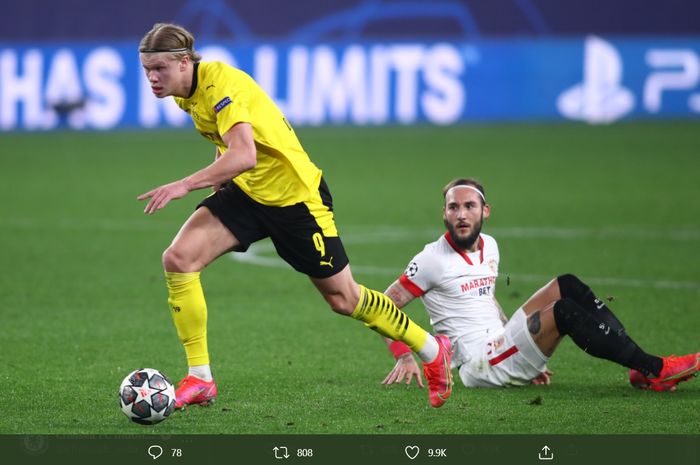 Penyerang Borussia Dortmund, Erling Haaland mencetak dua gol dalam kemenangan 3-2 atas Sevilla pada leg pertama babak 16 besar Liga Champions 2020-2021.