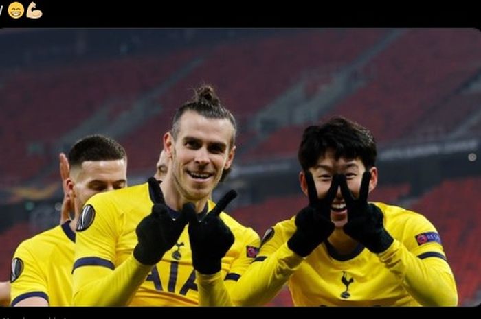 Selebrasi gol Gareth Bale dan Son Heung-min dalam laga kontra Wolfsberger AC di Liga Europa