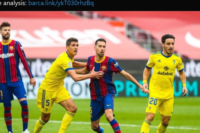 Barcelona hanya mampu bermain imbang 1-1 melawan Cadiz dalam lanjutan laga pekan ke-25 Liga Spanyol 2020-2021.