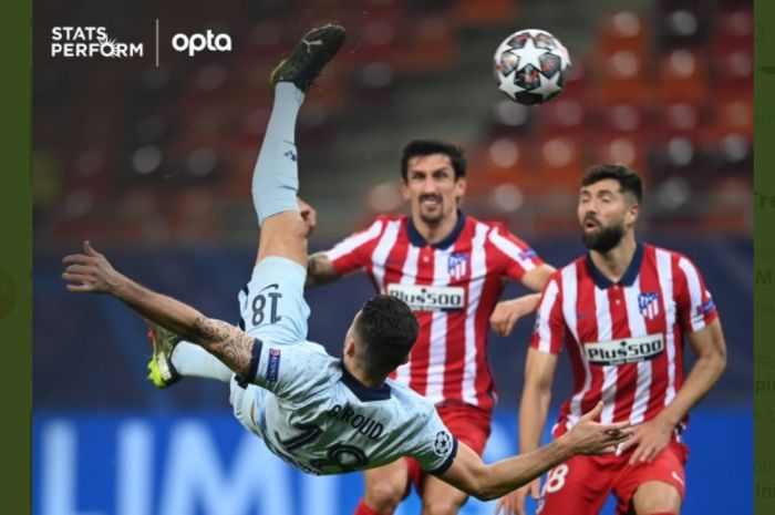 Striker Chelsea, Olivier Giroud, menjadi penerus Didier Drogba di Liga Champions usai mencetak gol salto ke gawang Atletico Madrid.