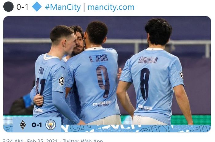 Bernardo Silva mencetak gol pembuka kala Manchester City bersua Borussia Moenchengladbach dalam leg pertama babak 16 besar Liga Champions.