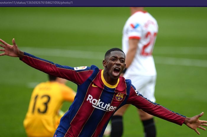 Striker Barcelona, Ousmane Dembele, mencetak gol saat melawan  Sevilla dalam laga pekan ke-25 Liga Spanyol 2020-2021, Sabtu (27/2/2021) pukul 22.15 WIB di Stadion Ramon Sanchez Pizjuan