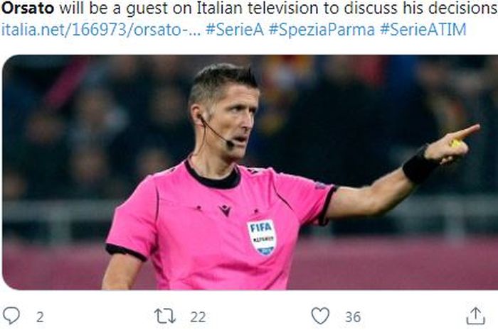 Wasit Liga Italia, Daniele Orsato, akan menjadi pengadil pertama yang menjelaskan keputusannya melalui wawancara di sebuah acara televisi.