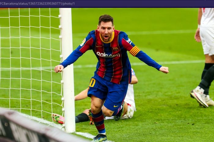 Megabintang Barcelona, Lionel Messi, merayakan gol ke gawang  Sevilla dalam laga pekan ke-25 Liga Spanyol di Stadion Ramon Sanchez Pizjuan, Sabtu (27/2/2021).