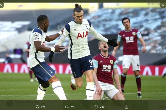 Gareth Bale ketika merayakan golnya dalam laga Tottenham Hotspur vs Burnley, Minggu (28/2/2021) malam WIB.