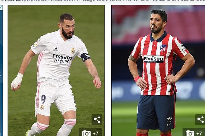 Karim Benzema (kiri) dan Luis Suarez (kanan) sedang dalam kondisi sulit jelang laga Atletico Madrid vs Real Madrid, Minggu (7/3/2021) malam WIB.