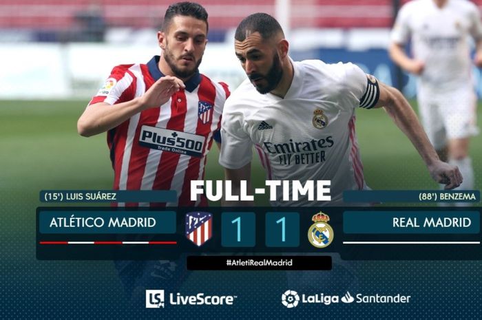 Real Madrid dan Atletico Madrid harus puas berbagi 1 poin setelah bermain imbang 1-1.