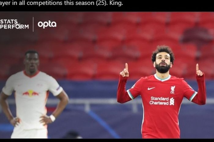 Selebrasi striker Liverpool, Mohamed Salah, usai mencetak gol pembuka The Reds dalam laga kontra RB Leipzig