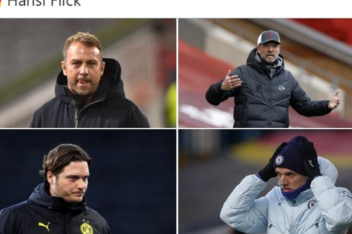 Pelatih-pelatih asal Jerman di perempat final Liga Champions, Thomas Tuchel (Chelsea), Edin Terzic (Borussia Dortmund), Juergen Klopp (Liverpool), dan Hansi Flick (Bayern Muenchen). 