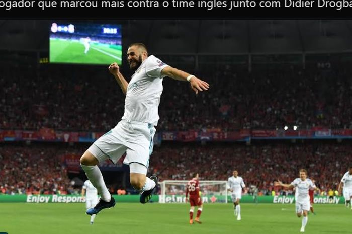 Momen Karim Benzema mencetak gol di final Liga Champions 2018-2019 dengan kemenangan 3-1 Real Madrid atas Liverpool.