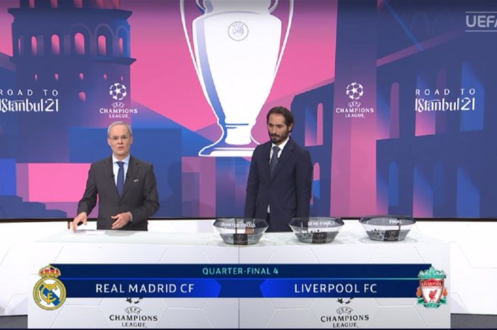 Real Madrid bersua Liverpool dalam perempat final Liga Champions 2020-2021. Pengambilan undian klub dilakukan Duta Liga Champions Hamit Altintop (kanan) didampingi Deputi Sekjen UEFA Giorgio Marchetti di House of European Football, Nyon, Swiss, Jumat (19/3/2021).