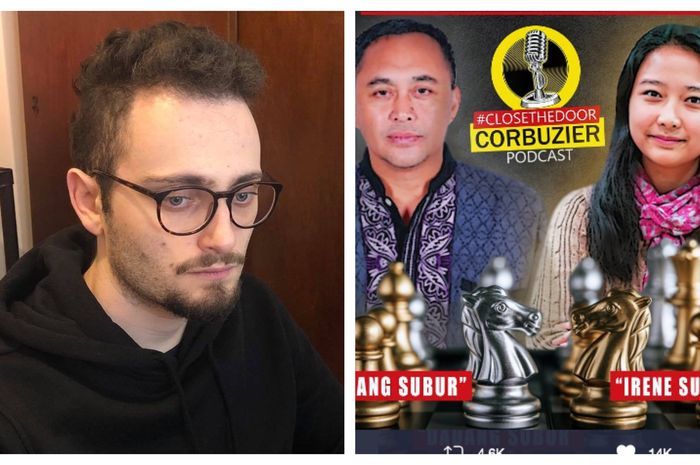 Kolase foto pecatur AS, Levy Rozman, alias GothamChess, dan poster pertandingan Dadang Subur, alias Dewa Kipas, dengan pecatur Indonesia, Irene Sukandar.