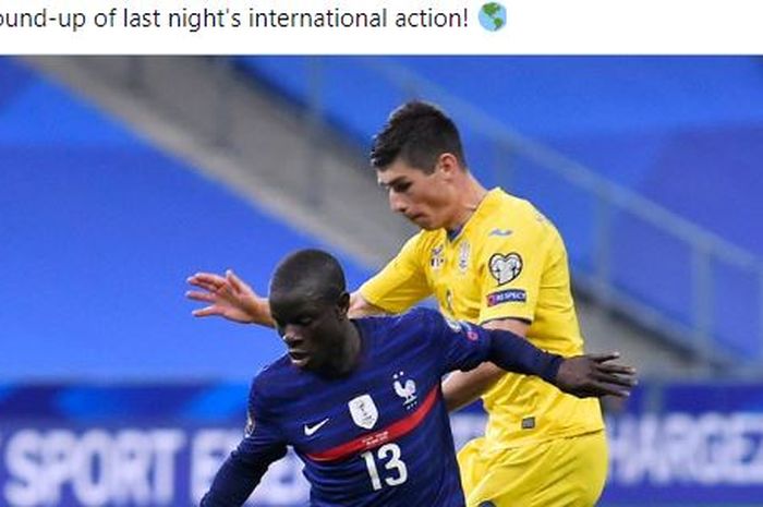 Gelandang Chelsea N'Golo Kante mengalami cedera saat mebela timnas Prancis melawan Ukraina di Kualifikasi Piala Dunia 2022.