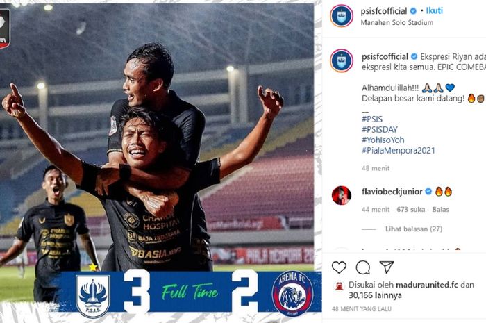 Para pemain PSIS Semarang berpesta setelah memastikan diri lolos ke perempat final Piala Menpora 2021 dengan menekuk Arema FC 3-2 pada laga terakhir Grup A di Stadion Maguwoharjo, Sleman, DIY, Selasa (30/3/2021) malam WIB.