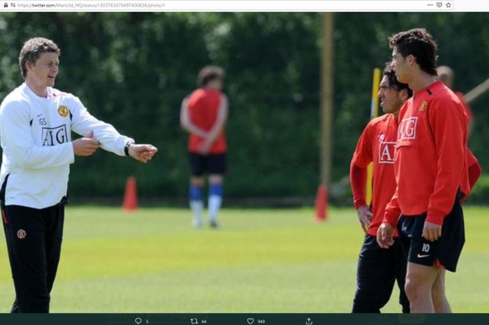 Ole Gunnar Solskjaer dna Cristiano Ronaldo sewaktu masih bersama-sama di Manchester United.