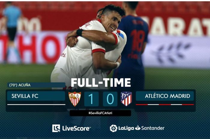 Sevilla menekuk Atletico Madrid berkat gol Marcos Acuna dalam lanjutan Liga Spanyol, 4 April 2021.