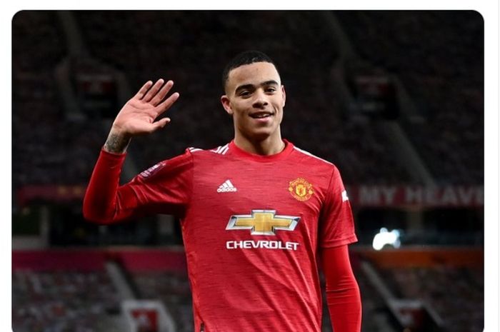 Striker Manchester United, Mason Greenwood, merayakan gol yang dia cetak ke gawang Brighton and Hove Albion dalam laga pekan ke-30 Liga Inggris 2020-2021.