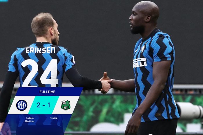 Selebrasi Romelu Lukaku dan Christian Eriksen usai menang atas Sassuolo di Giuseppe Meazza, Rabu (7/4/2021).