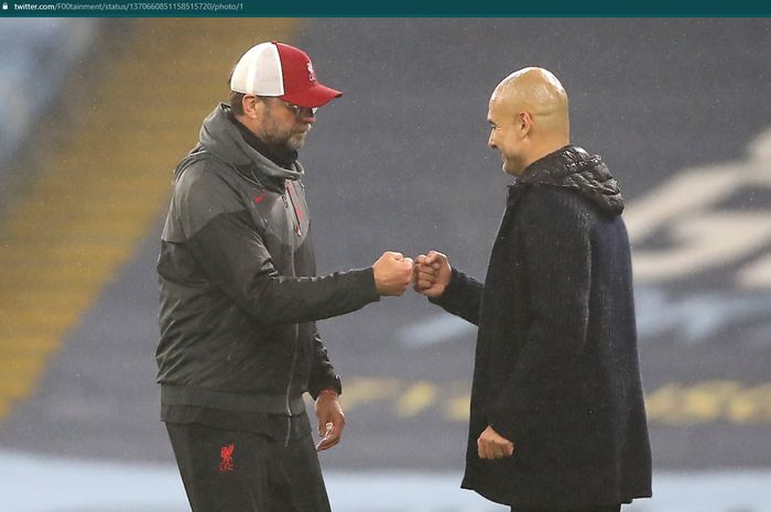 Momen antara Juergen Klopp dan Pep Guardiola pada pertandingan Liverpool vs Man City di Liga Inggris.