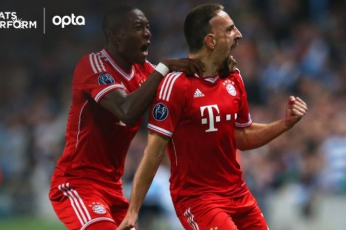 Bek sayap Bayern Muenchen, David Alaba (kiri), sukses menyamai rekor spesial Franck Ribery meski timnya keok dari Paris Saint-Germain (PSG).