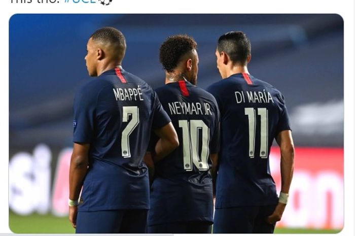 Trio penyerang Paris Saint-Germain, Kylian Mbappe, Neymar, dan Angel Di Maria.