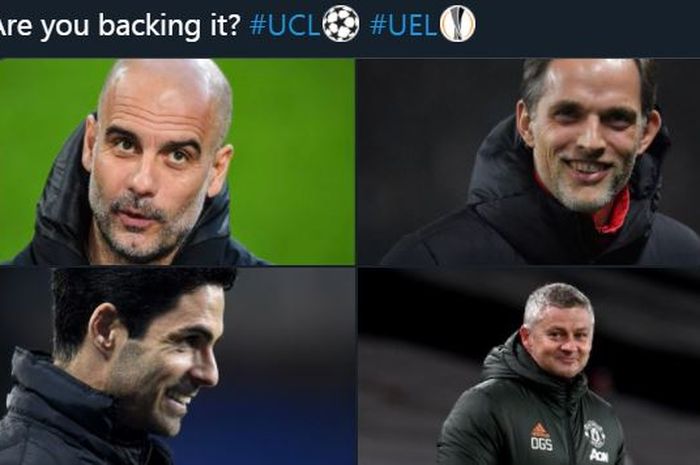 (Searah jarum jam) Para pelatih semifinalis Liga Champions dan Liga Europa musim ini yang menukangi tim Inggris: Thomas Tuchel (Chelsea), Ole Gunnar Solskjaer (Man United), Mikel Arteta (Arsenal), Pep Guardiola (Man City).