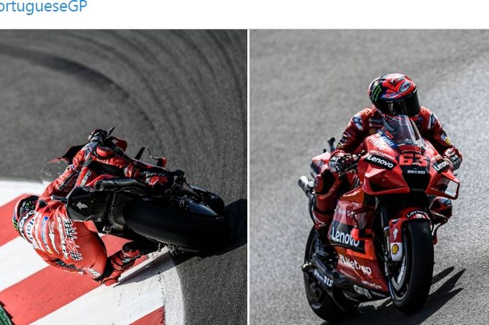 Kolase aksi pembalap Ducati Lenovo, Francesco Bagnaia, pada latihan bebas MotoGP Portugal 2021 di Sirkuit Algarve, Portimao, Portugal, 16 April 2021.