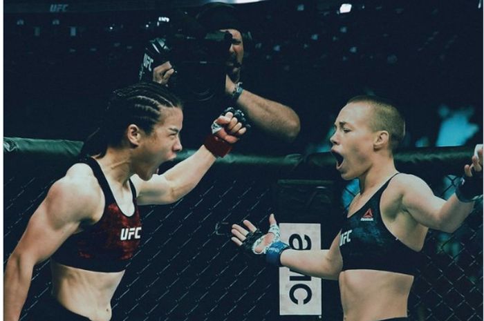 Dua petarung kelas straweight wanita, Zhang Weili (kiri) dan Rose Namajunas.