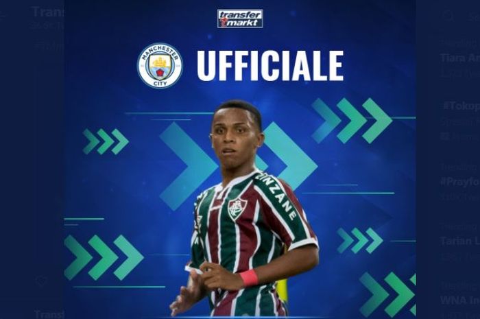 Transfer Kayky da Silva Chagas dari Fluminense ke Manchester City dikonfirmasi akun resmi Transfermarkt, 23 April 2021.