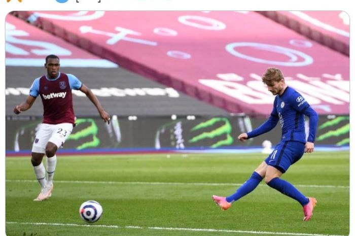 Timo Werner menjadi satu-satunya pencetak gol dalam laga West Ham United versus Chelsea di pekan ke-33 Liga Inggris 2020-2021.