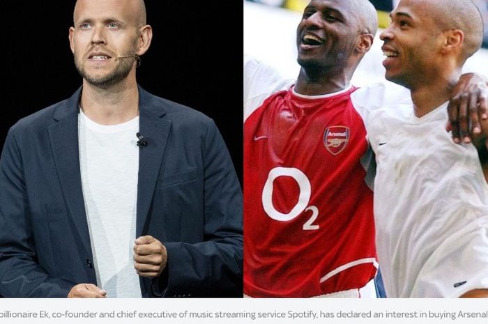 CEO Spotify, Daniel Ek (kiri), meminta bantuan Thierry Henry dan Patrick Vieira untuk mengambil alih Arsenal