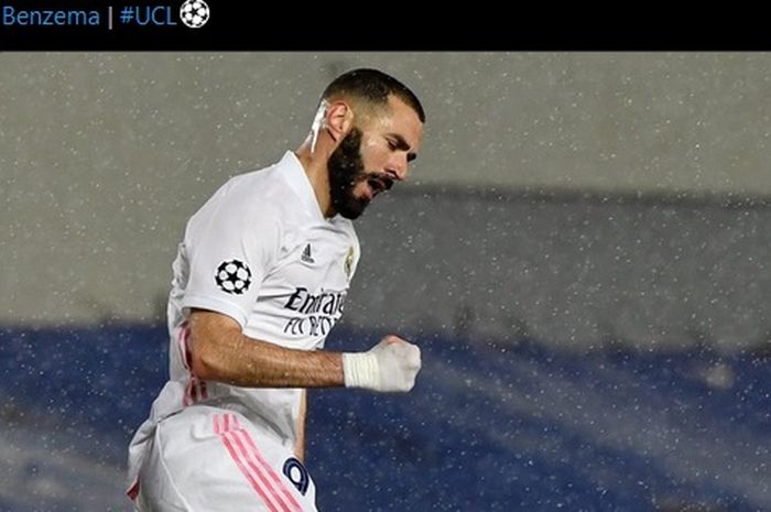 Selebrasi Karim Benzema usai mencetak gol penyama kedudukan Real Madrid dalam laga kontra Chelsea di semifinal Liga Champions