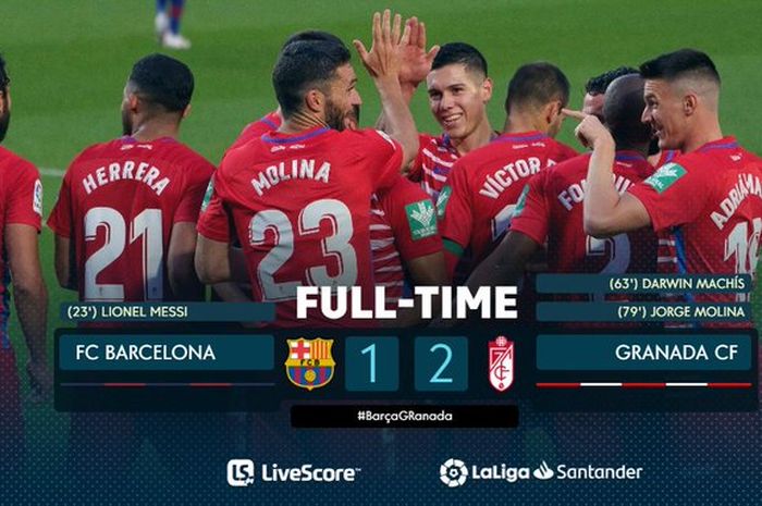 Selebrasi pemain Granada usai menumbangkan Barcelona di Camp Nou dengan skor 2-1, Kamis (29/4/2021)