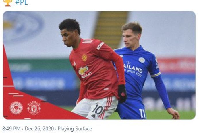 Momen ketika Marcus Rashford (kiri) berebut bola dengan Harvey Barnes dalam laga Leicester City versus Manchester United pada pekan ke-15 Liga Inggris 2020-2021.