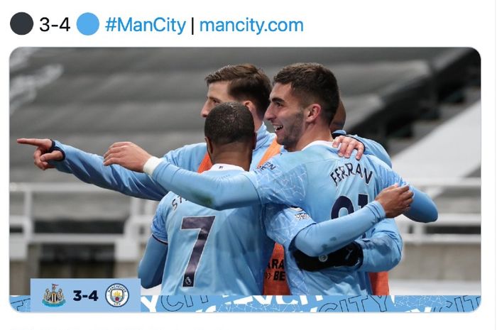 Selebrasi kemenangan Manchester City atas Newcastle United pada pertandingan Liga Inggris di Stadion St. James' Park, Newcastle, Jumat (14/5/2021)