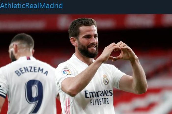 Nacho merayakan golnya untuk Real Madrid ke gawang Athletic Bilbao di Liga Spanyol, 16 Mei 2021.