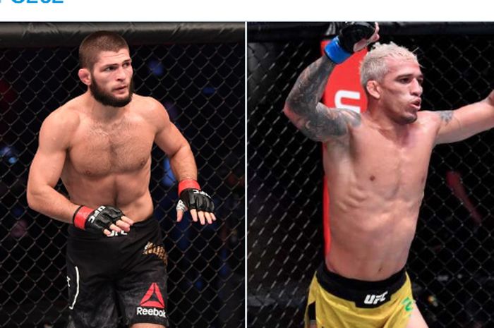 Eks petarung UFC, Khabib Nurmagomedov (kiri) dan juara kelas ringan UFC, Charles Oliveira (kanan).