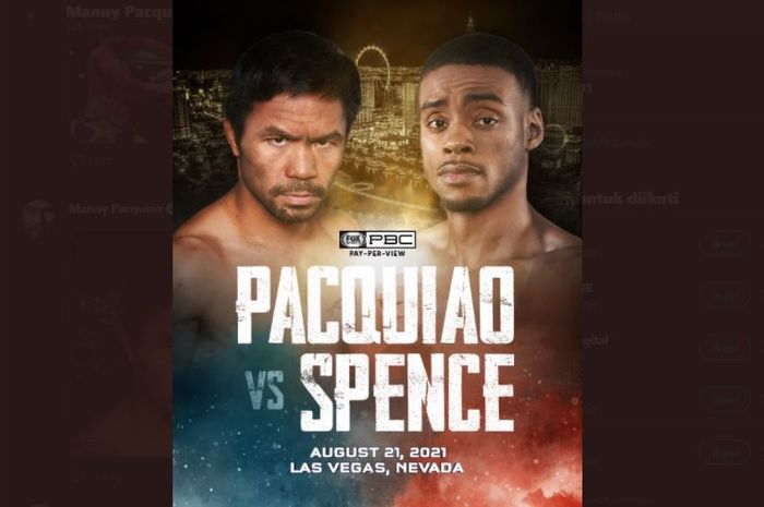 Poster pengumuman duel antara Manny Pacquiao dan Errol Spence Jr pada 21 Agustus 2021. 