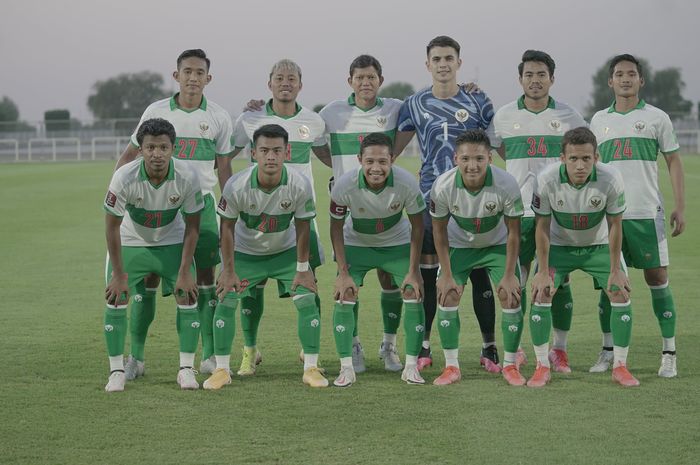 Skuad timnas Indonesia vs Oman, di Stadion The Seven's, Dubai, Uni Emirate Arab, pada Sabtu (29/5/2021).