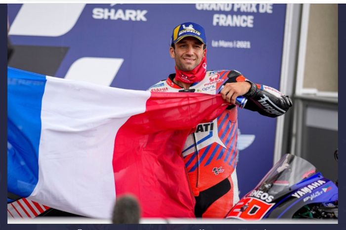 Pembalap Pramac Racing, Johann Zarco, saat merayakan podium kedua MotoGP Prancis 2021, Minggu (30/5/2021).