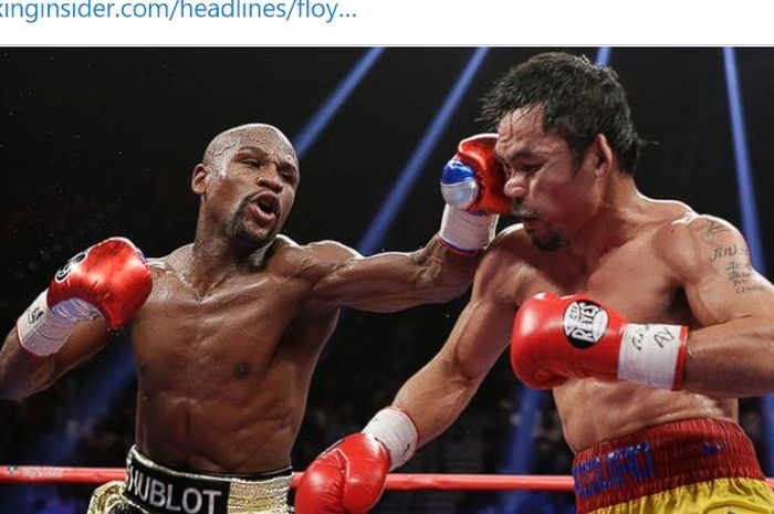 Floyd Mayweather memukul Manny Pacquiao saat keduanya bertanding tinju untuk pertama kalinya di MGM Grand Arena, Las Vegas, Nevada, AS, 2 Mei 2015. 